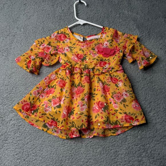 Little Lass Other - Little Lass Dress Girls Size 4 Orange and Pink Floral Long Sleeve